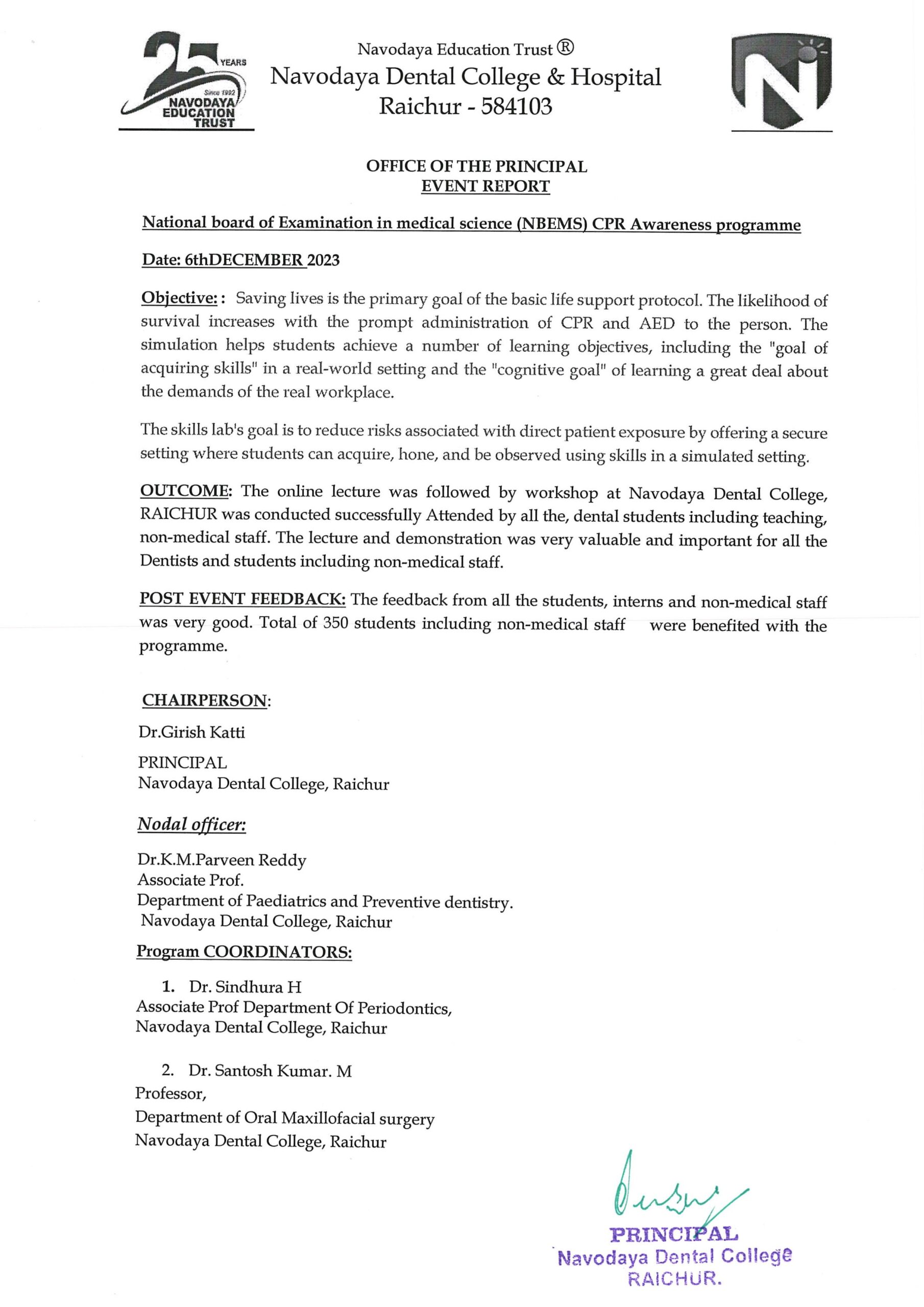 CPR AWARENESS PROGRAMME BY NATIONAL BOARD OF EXAMINATION IN MEDICAL SCIENCE (NBEMS) THROUGH DCI