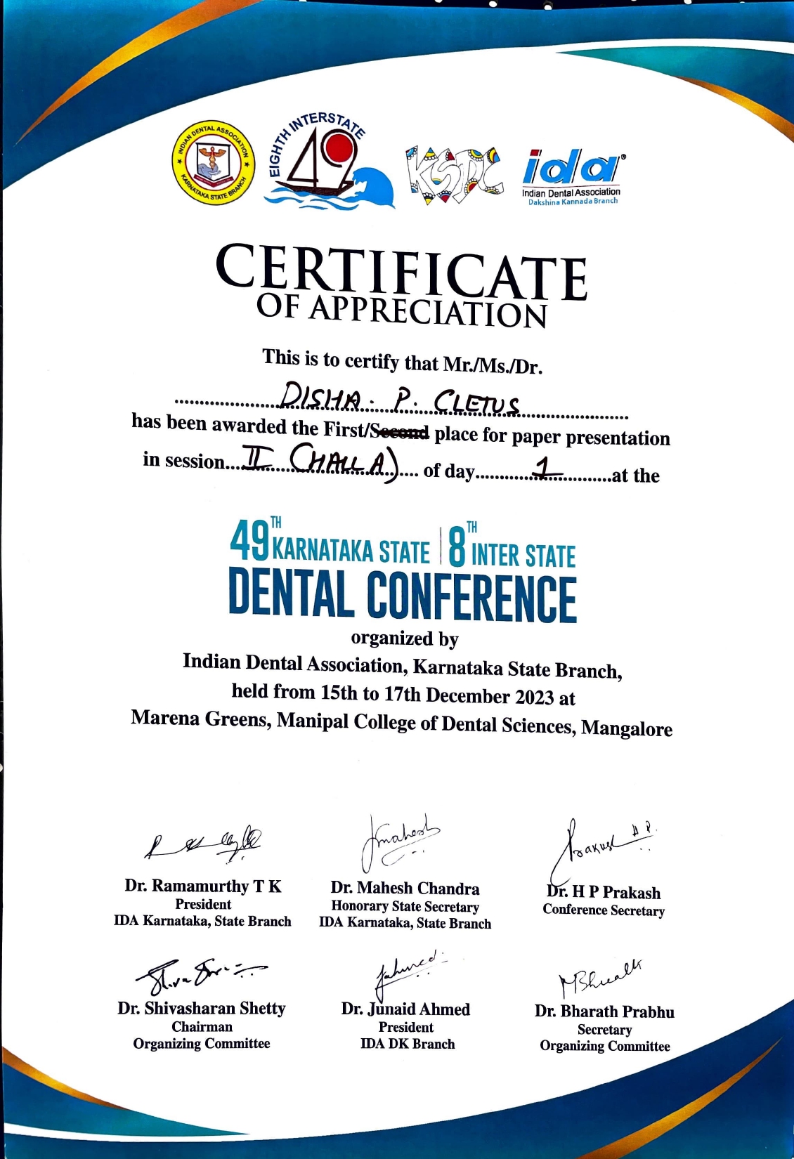 Disha has Secured First Place in Scientific Paper presentation Competition at IDA 49 Karnataka State Conference