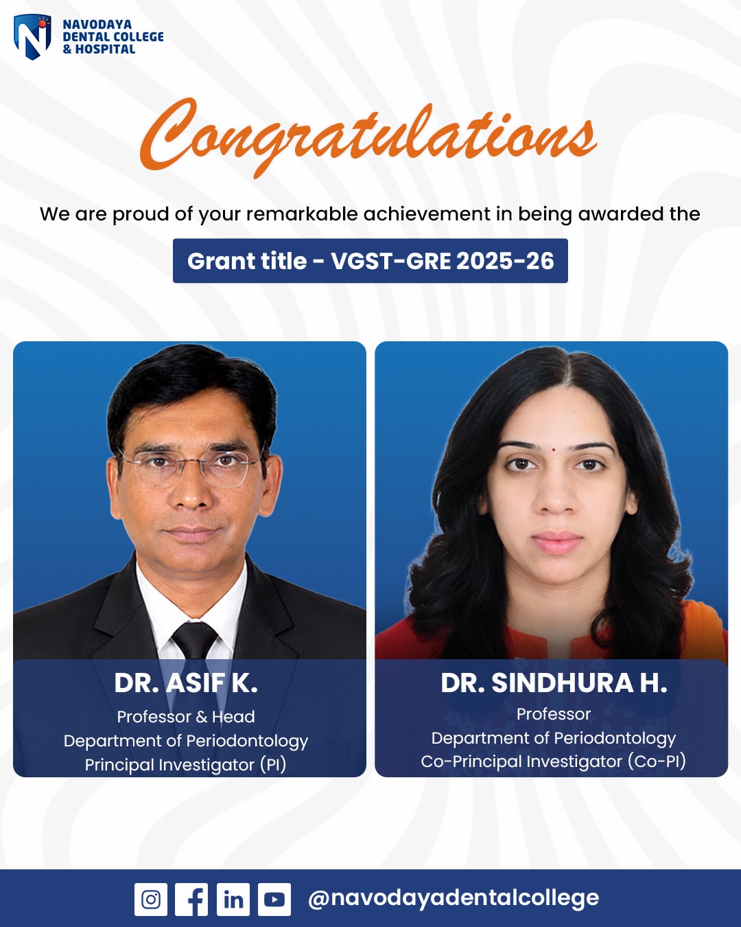 Dr. Asif K. and Dr. Sindhura H. Receive Karnataka VGST-GRE 2025–26 Grant